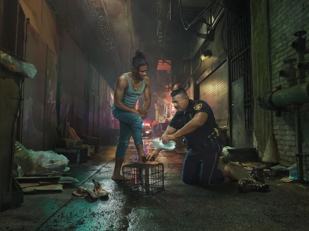 A barefoot man stands on a metal cage as a police officer pours water on his foot in an alley at night, next to shoes and debris.