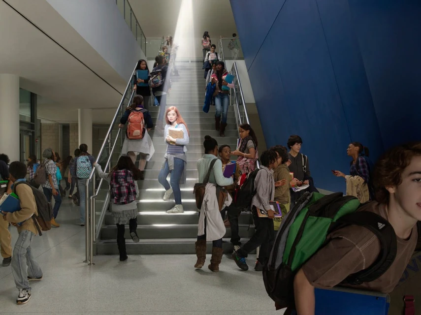 Students walk up and down the stairs of a school building, illuminated by a bright light from above in an indoor setting.