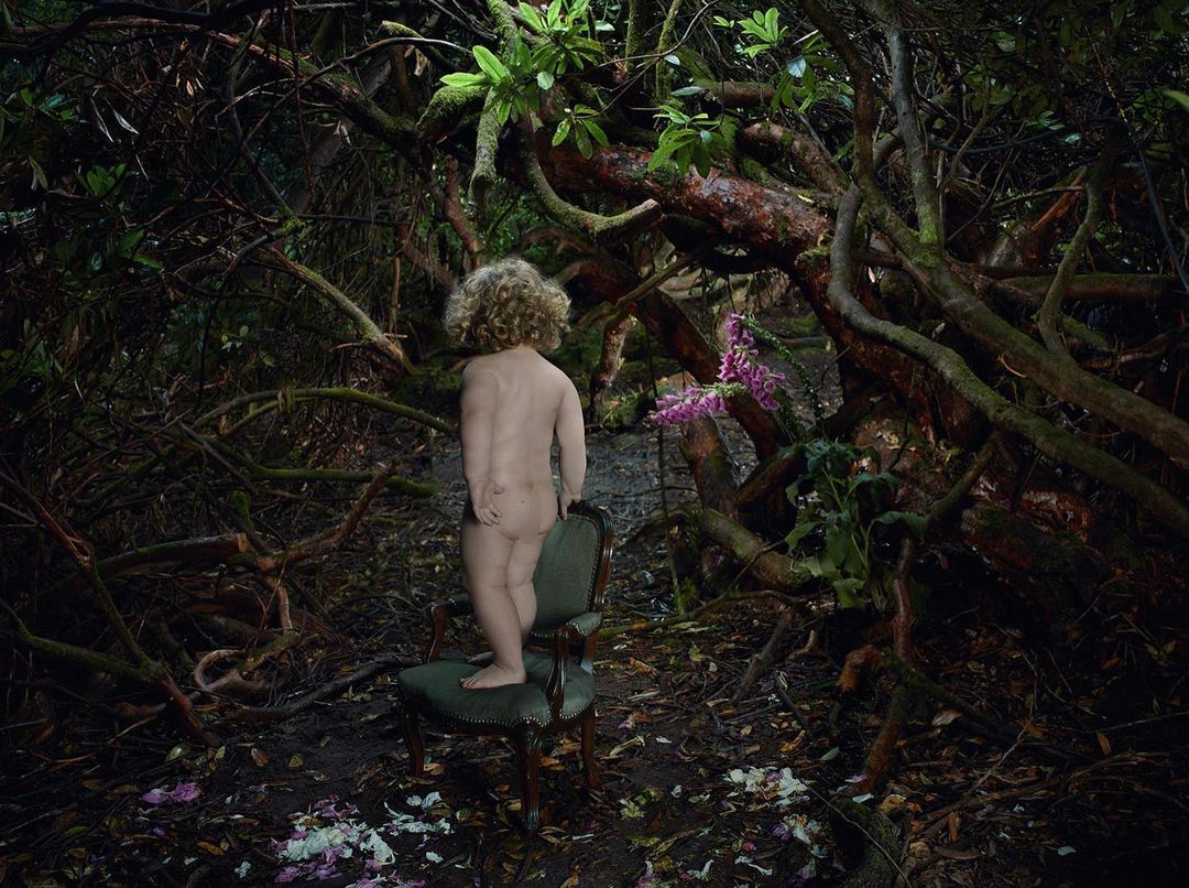 Child stands on a chair in a dark forest. The nude child with blonde curly hair is positioned in front of dense green foliage.