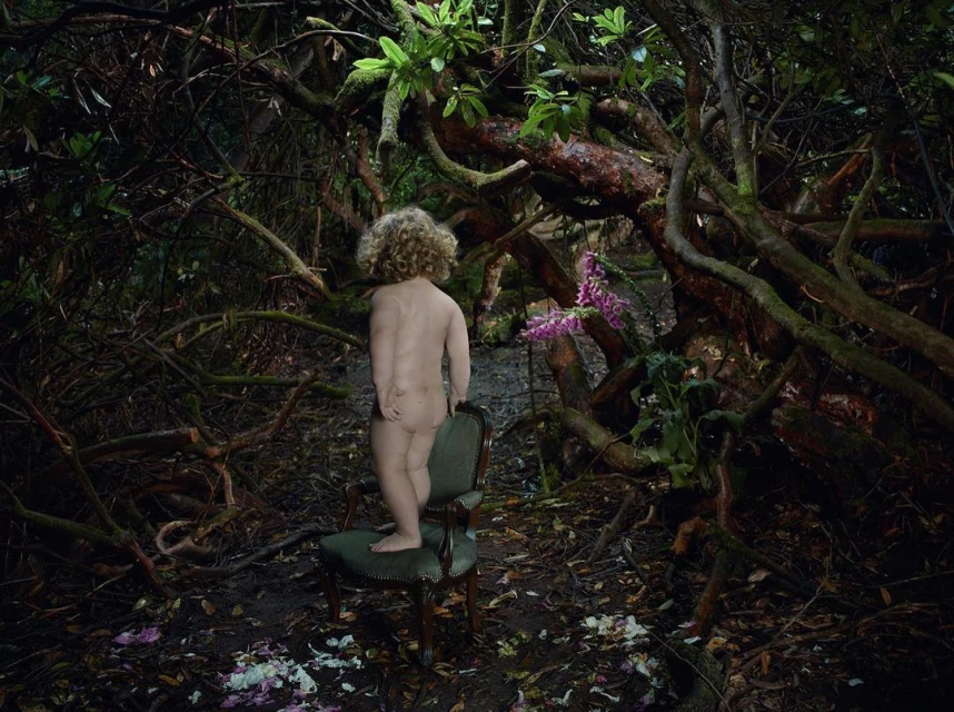 Child stands on a chair in a dark forest. The nude child with blonde curly hair is positioned in front of dense green foliage.