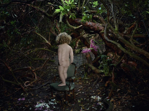 Child stands on a chair in a dark forest. The nude child with blonde curly hair is positioned in front of dense green foliage.