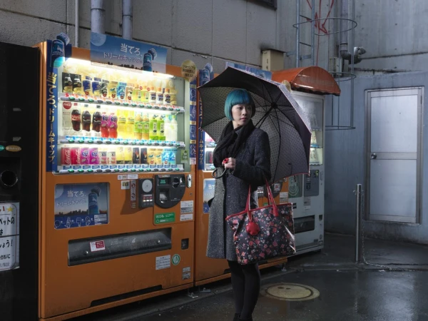 Woman with blue hair stands next to vending machines in an urban setting, holding an umbrella and a floral handbag on a wet day.