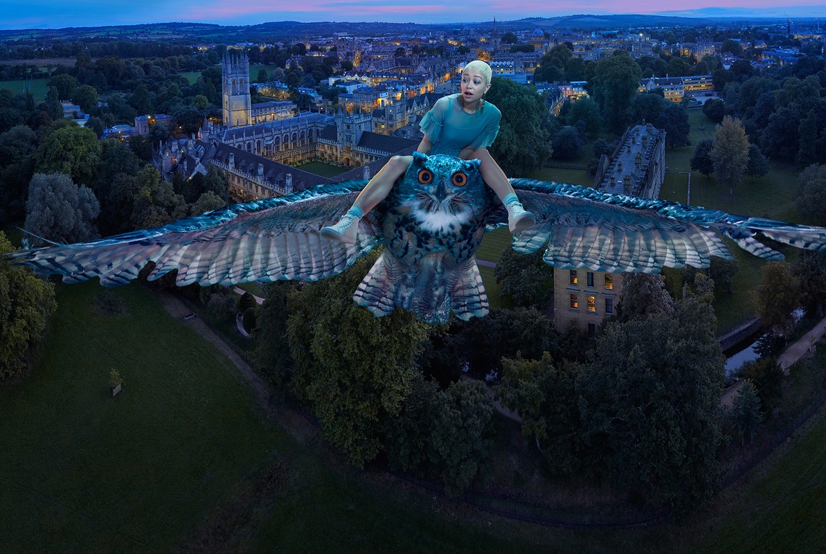 Digitally enhanced image of a woman riding a giant owl in flight above a city, with buildings and trees visible at dusk.
