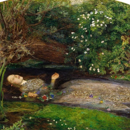 Young woman floating in a tranquil river surrounded by lush greenery and wildflowers, captured by Julia Fullerton-batten