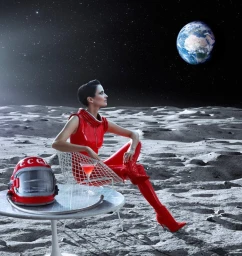 Woman in red vinyl outfit seated in a wire chair on a lunar surface with a cocktail table and Earth in the night sky.
