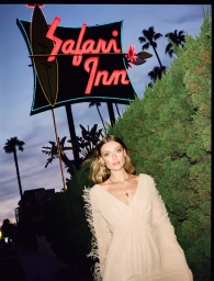 Woman in cream dress standing in front of illuminated Safari Inn neon sign at dusk with palm trees