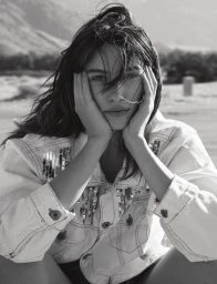 Black and white portrait of a woman holding her face with her hands, wearing an embellished denim jacket, with hair blowing across her face.