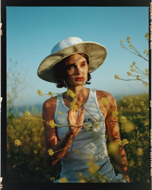 Young woman in white tank top and hat posing in field of yellow wildflowers under bright blue sky, captured in medium outdoor shot.