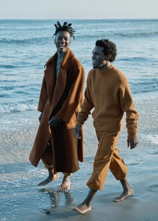 Two Black men walking barefoot along a sandy beach wearing brown coats and sweaters, with hair styling by Karolina Bernat.