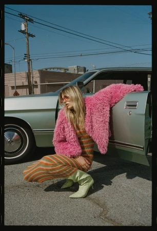 A woman in a pink coat and sunglasses poses next to a silver car in an urban setting, wearing lime green boots and a striped dress.