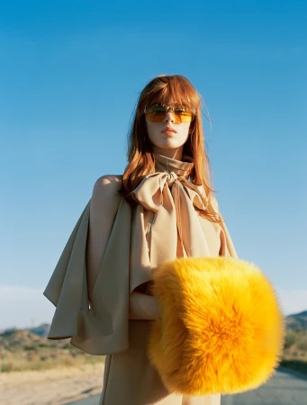 Fashion shot of a woman with red hair wearing sunglasses and a beige dress outdoors with a blue sky backdrop and yellow furry muff.