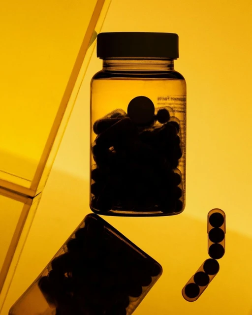 Two prescription pill bottles are in focus against a yellow backdrop, one upright and one knocked over, pills and caplets visible.