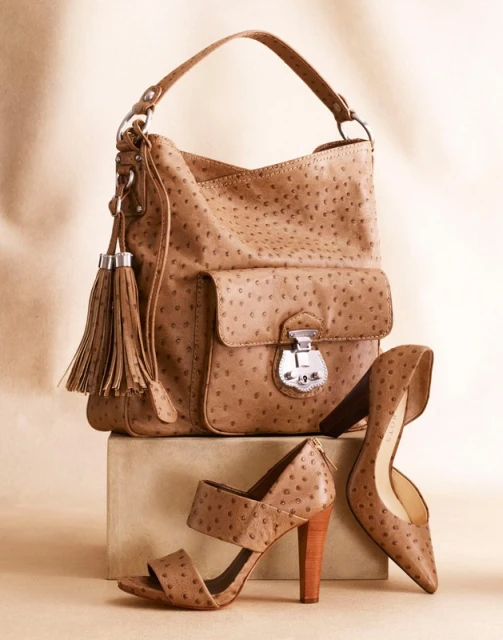 Tan textured hobo bag with tassel detail sits atop a box next to matching high heel shoes against a neutral background.