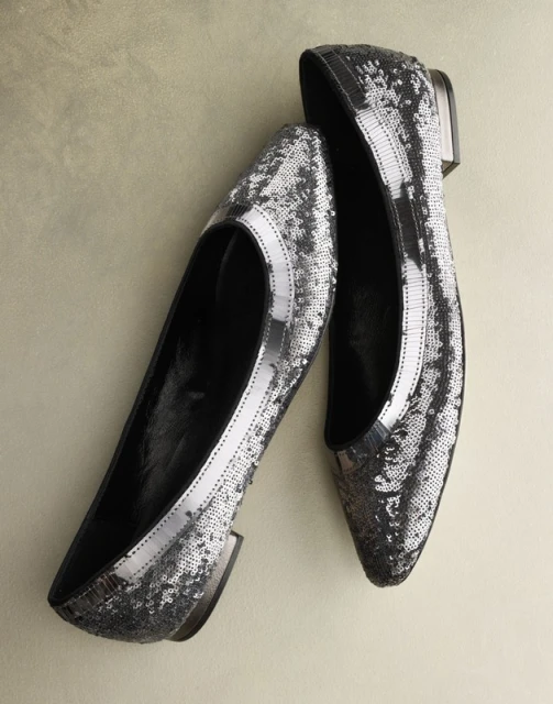 Close-up studio shot of a pair of silver sequined ballet flats with black lining, set against a neutral, textured backdrop.