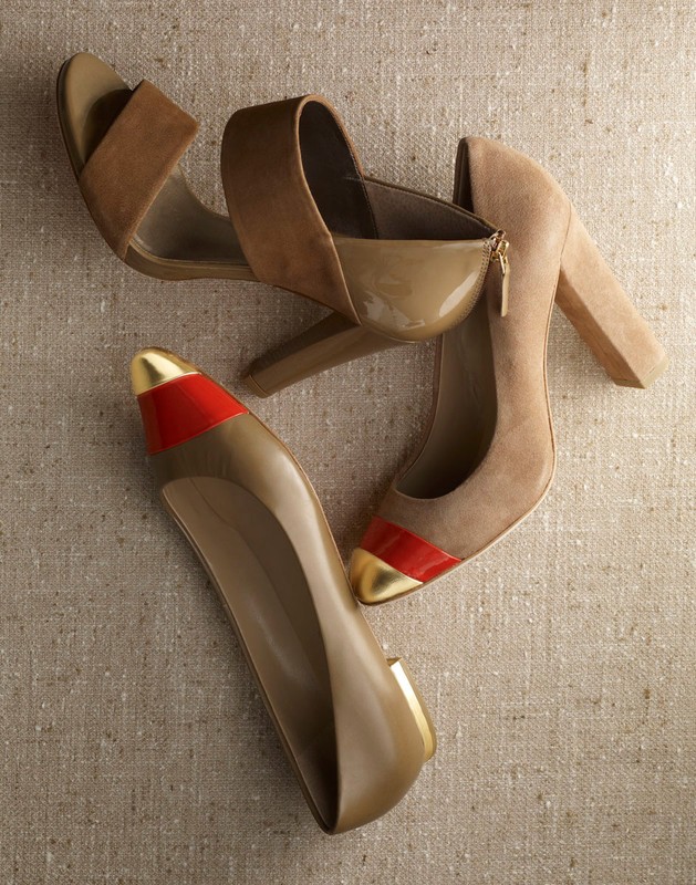 Elegant women's footwear: a mix of beige suede heeled pumps and taupe leather flats with red and gold accents on a textured background.