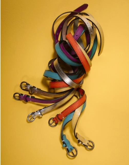 Fashion belts of purple, teal, gold, and orange are coiled together on a yellow background, creating a bright, stylish composition.