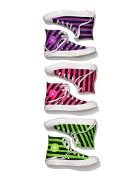 Three pairs of striped high top canvas sneakers arranged vertically against a bright white background