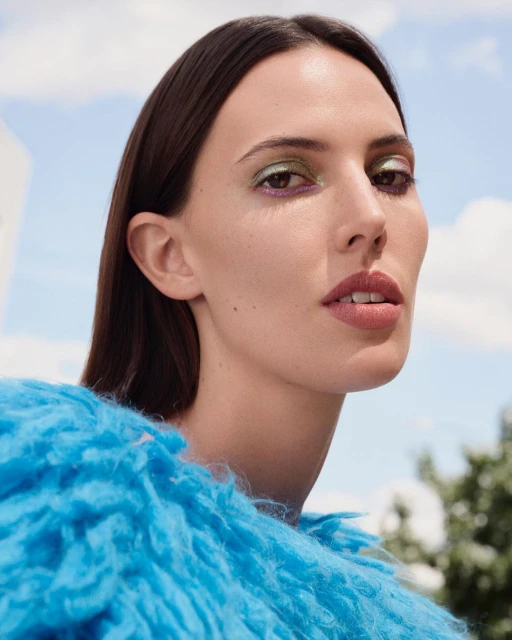 Close-up portrait of a woman with dark hair and colorful eyeshadow wearing a bright blue textured jacket against a sky background.