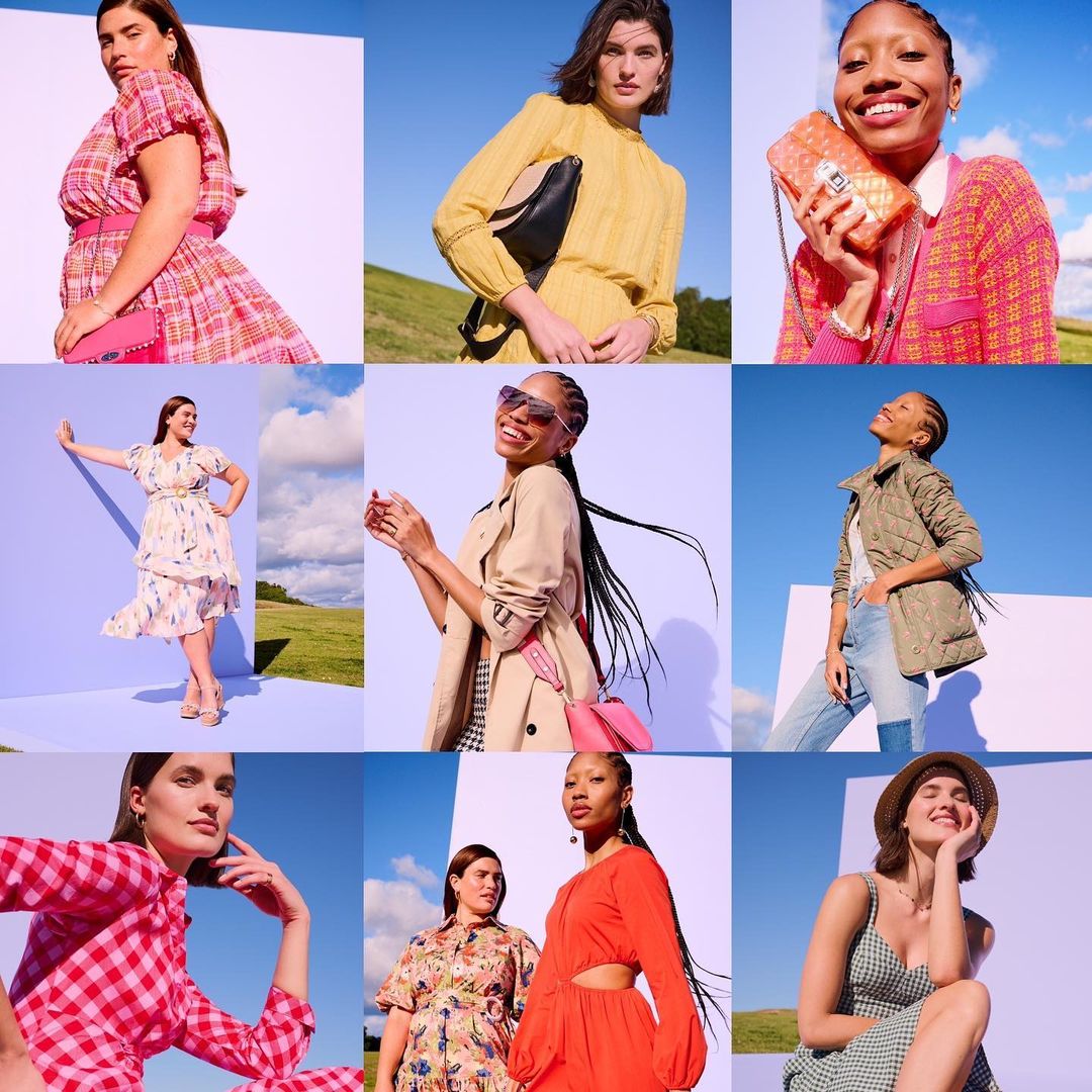 Collage of nine women modeling dresses and jackets against a bright blue sky and light purple flooring in an outdoor setting.