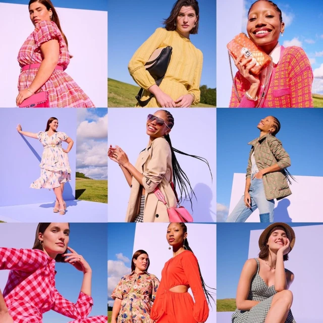 Collage of nine women modeling dresses and jackets against a bright blue sky and light purple flooring in an outdoor setting.