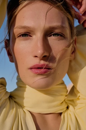 Close-up portrait of a woman with blonde hair wearing a pale yellow top against a blue sky background.