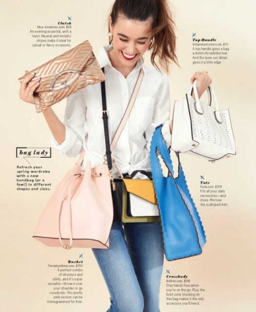Smiling woman showcases a variety of handbags: a metallic clutch, pink bucket bag, white top handle, and blue tote, styled with casual jeans and a white shirt.