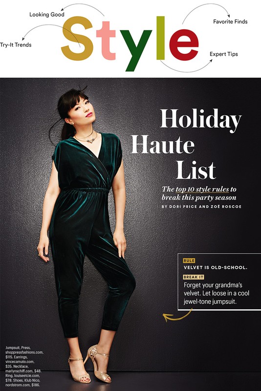Magazine cover featuring a stylish woman in a green velvet jumpsuit with gold heels, promoting holiday fashion trends and expert style tips.