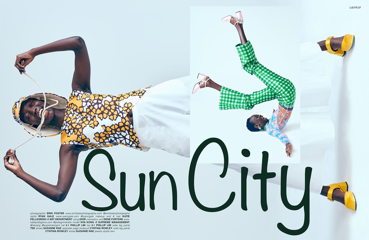 Fashion editorial shot features two Black female models in patterned outfits and yellow shoes against a white background with bold graphic text.