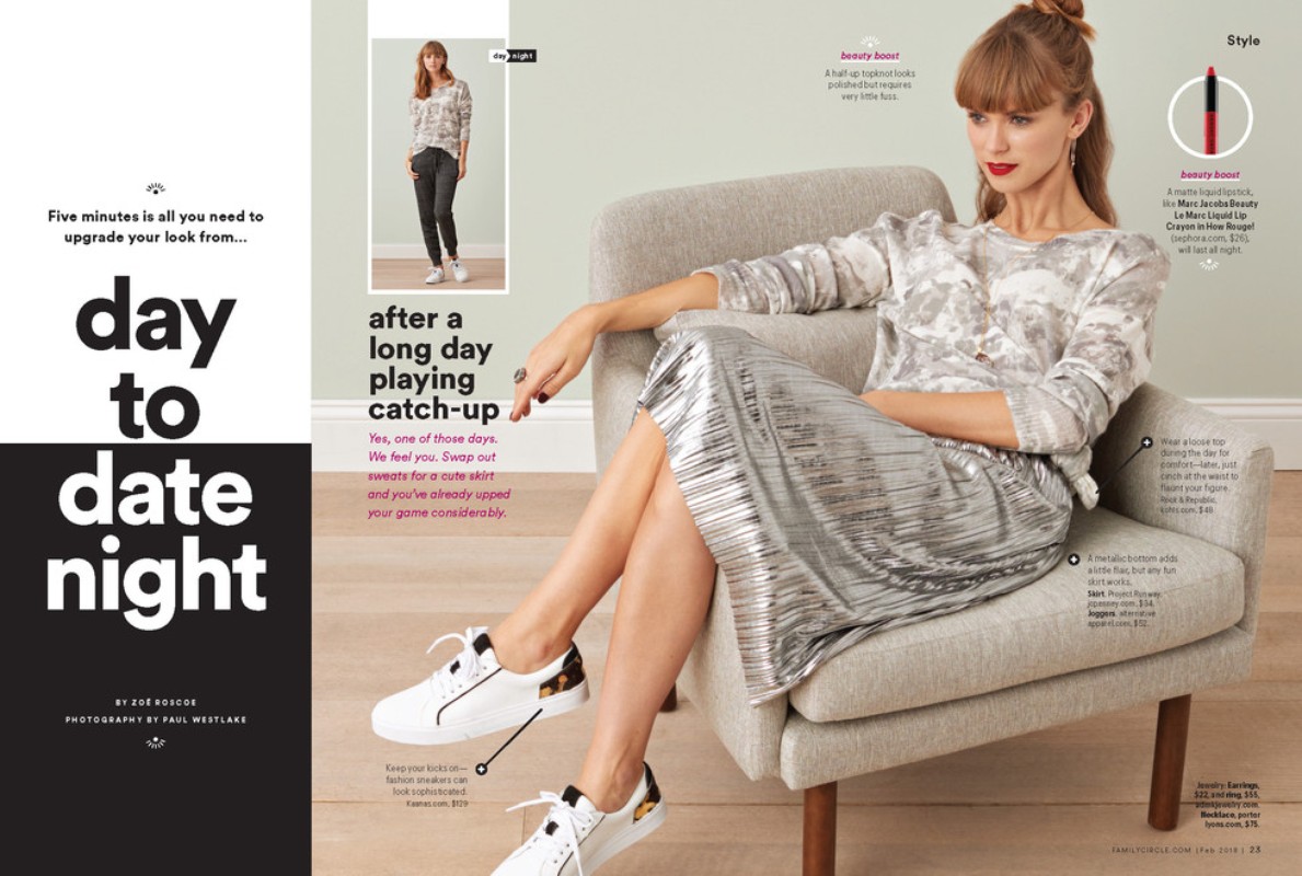 Editorial fashion shot of a woman in a silver skirt and patterned top sitting in a gray chair, with day-to-night style magazine text.