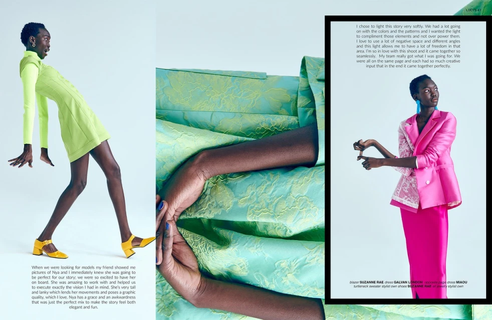 Editorial fashion shot featuring an African female model in a green dress and heels, posing near a floral dress and a pink suit.