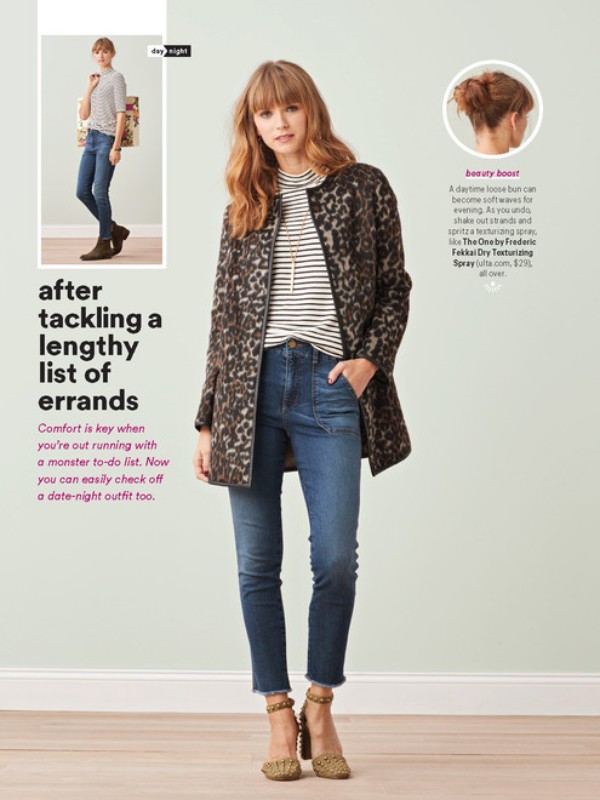Fashion editorial featuring a woman in a patterned coat, jeans, and heels, posing in front of a plain wall with text overlay.