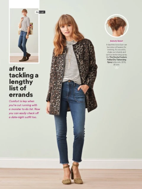 Fashion editorial featuring a woman in a patterned coat, jeans, and heels, posing in front of a plain wall with text overlay.
