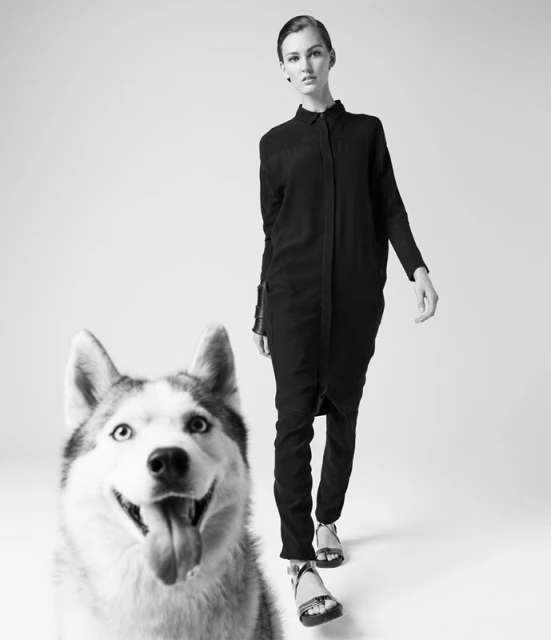 A woman in a black outfit walks next to a Siberian husky in a minimalist photo studio setting, creating a black-and-white fashion-inspired scene.