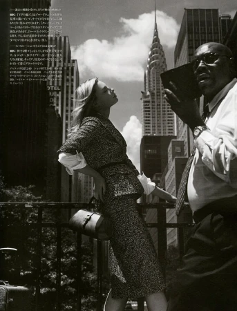 A fashion shot features a woman in a tweed skirt suit posing in front of the Chrysler Building in New York City, accompanied by a man.