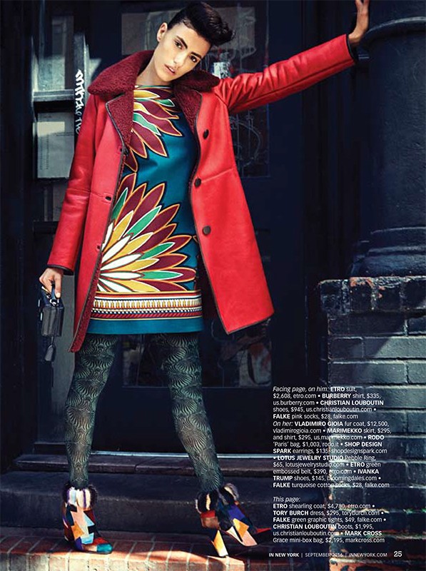 A young woman in a red coat and patterned dress poses outdoors in an editorial fashion shot with visible printed text and accessories.