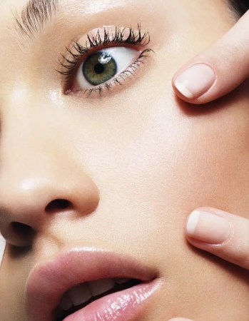 Close-up macro portrait of a woman showing detailed skin texture, green eye with dark mascara, and fingers touching her face.