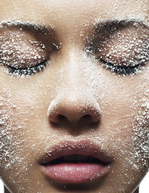 Close-up of a woman's face with closed eyes, covered in white powder. Beauty shot for cosmetics or skincare. High-key lighting, studio setting.