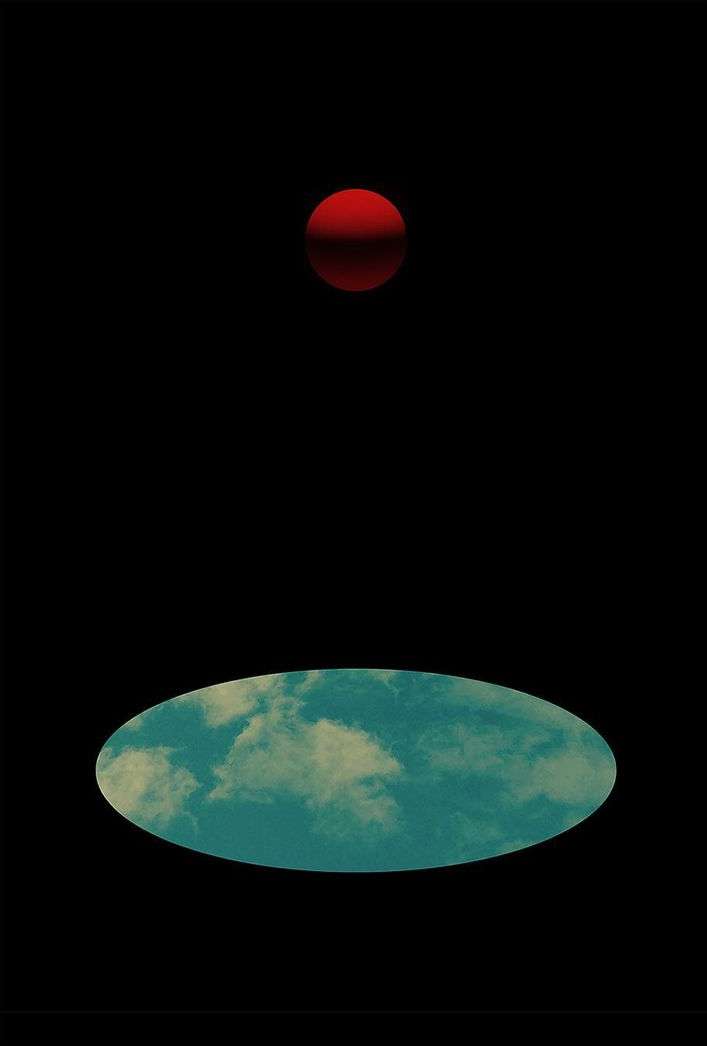 Abstract art featuring a red orb and a cloud-filled ellipse against a stark black background, creating a surreal, minimalist composition.