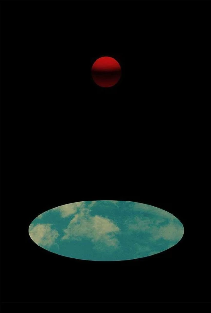 Abstract art featuring a red orb and a cloud-filled ellipse against a stark black background, creating a surreal, minimalist composition.