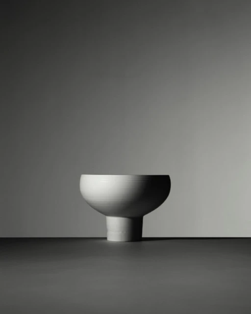 Minimalist still life of a pedestal bowl. The bowl is white ceramic with a matte texture, sitting on a dark surface against a grey backdrop.