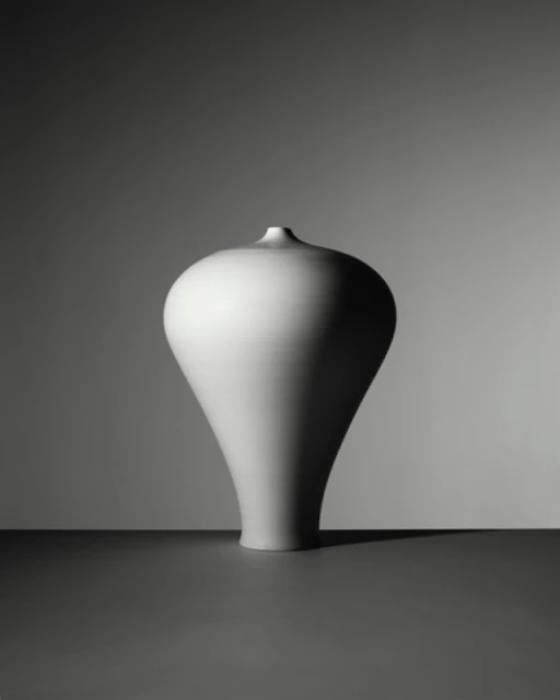 Monochrome still life: a studio shot of a modern white ceramic vase with a rounded body and narrow neck, set against a gray background.