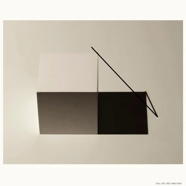 Minimalist still life art featuring geometric shapes in shades of white, gray, and black, divided by a black line on an off-white background.