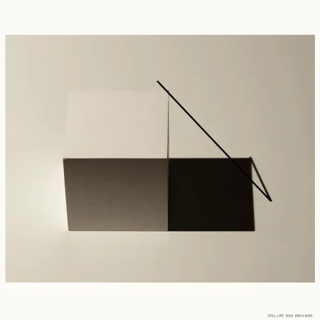 Minimalist still life art featuring geometric shapes in shades of white, gray, and black, divided by a black line on an off-white background.