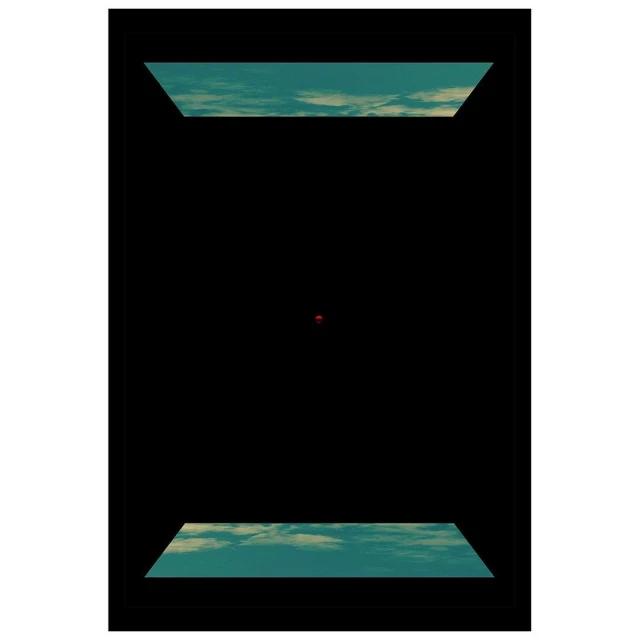 Abstract composition featuring a red sphere in a black void, with rectangular glimpses of a cloudy sky above and below.