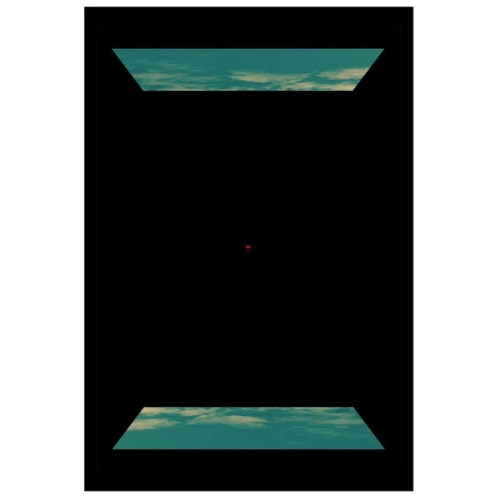Abstract composition featuring a red sphere in a black void, with rectangular glimpses of a cloudy sky above and below.