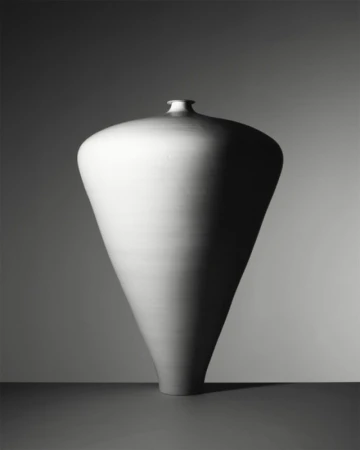 Monochrome studio shot of a large, cone-shaped ceramic vase with a narrow neck, set against a gradient gray background, showcasing simple elegance.