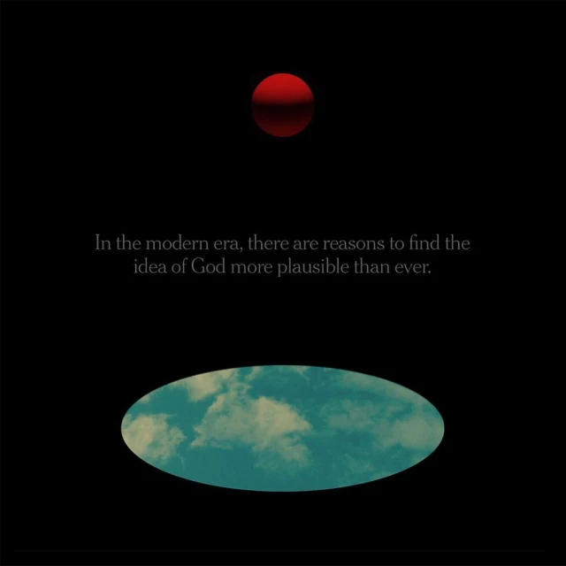 Abstract image with a red circle above, a blue cloud oval below, and text that says, "In the modern era, there are reasons to find the idea of God more plausible than ever."