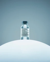 Glass medical vial with a dark cap standing on a curved white surface against a muted grey background.