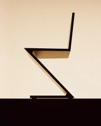 Minimalist side profile of a modern angular wooden chair against a warm neutral gradient background.