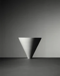 Minimalist white inverted cone ceramic vase centered on a dark surface against a graduated grey background